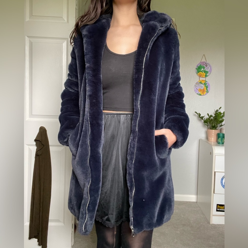 Plush Hooded Teddy Jacket - Navy Blue